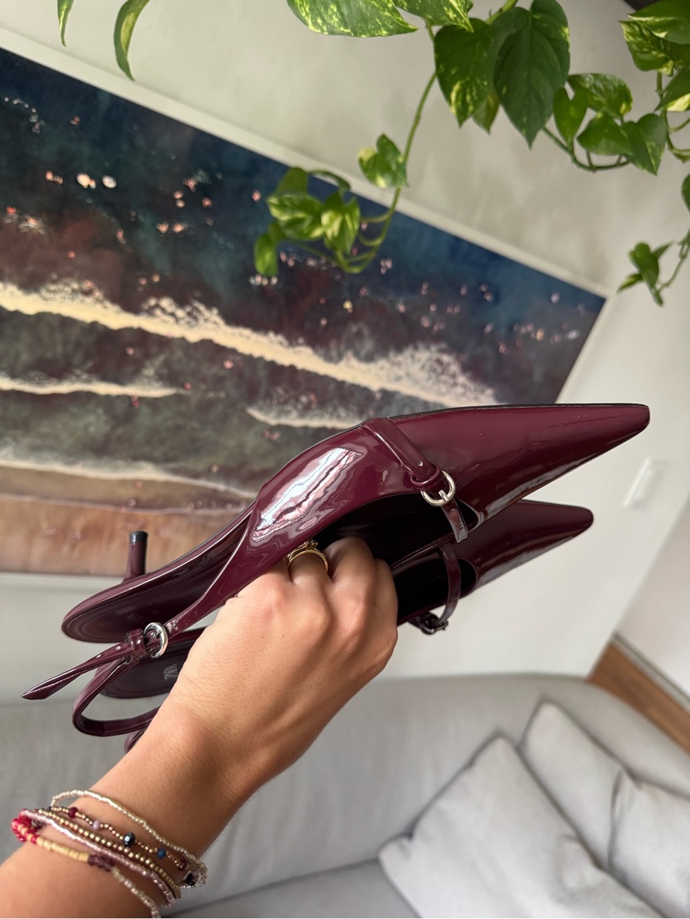 Zara Burgundy Patent Pointed-Toe Slingback Kitten Heels - Picture 10 of 15